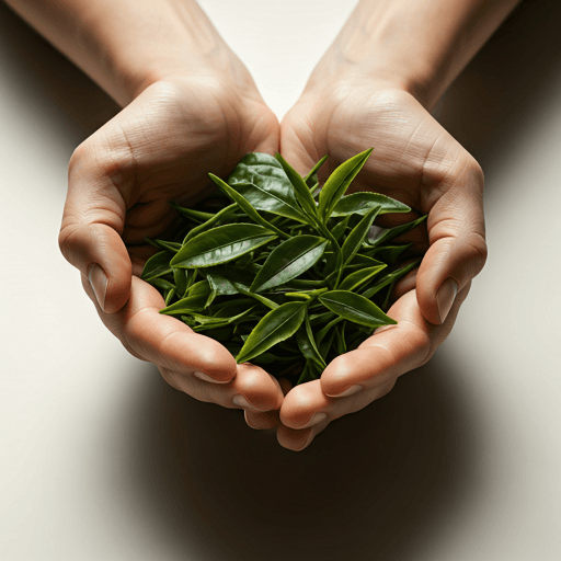 Fresh green tea leaves cupped in hands