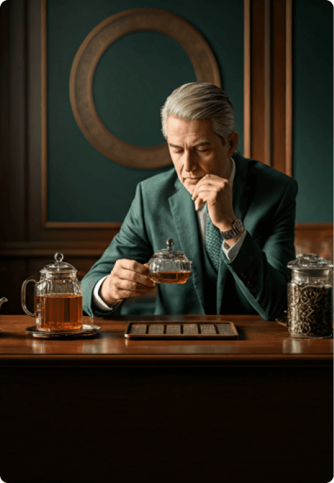 Dilmah tea tasting expert examining tea leaves in a warmly lit tasting room.