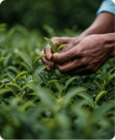 Hands carefully picking lush green tea leaves.