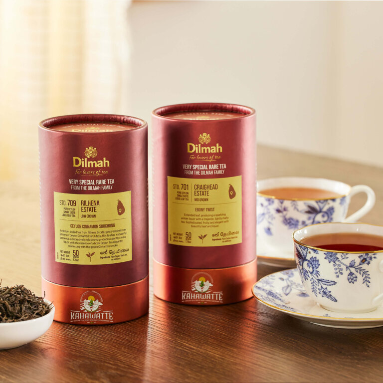 Two boxes of VSRT tea and two cups of tea on the table